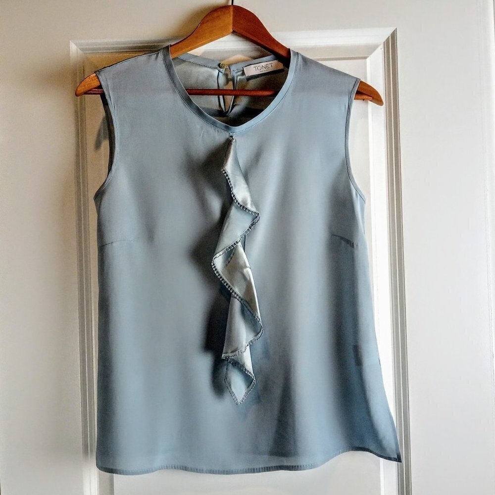 Tonet Blue Italian Silk Cascade Trim Sleeveless Top NWT - 40